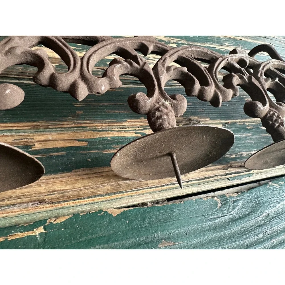 Vintage Cast Iron 4-Light Candelabra Scroll Work Rustic Brown Candle Holder 17in